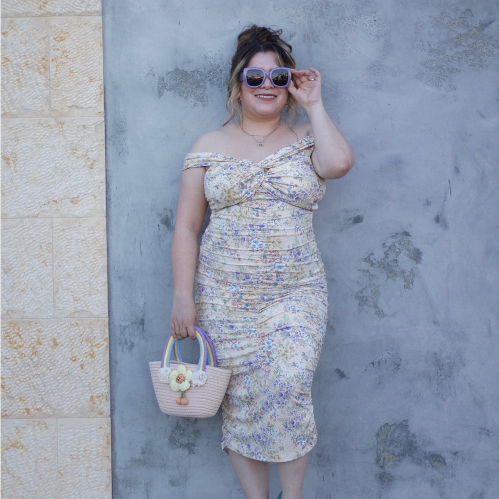 PinkBlush ruched floral midi dress L